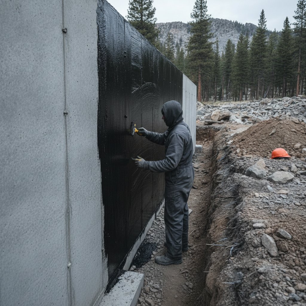 Technician applying waterproof membrane to an exterior foundation wall in Northern Arizona